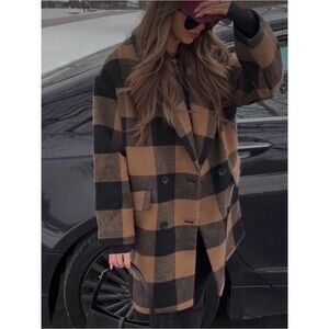 Abercrombie & Fitch wool blend Oversized Pea Coat Brown Black Plaid small petite